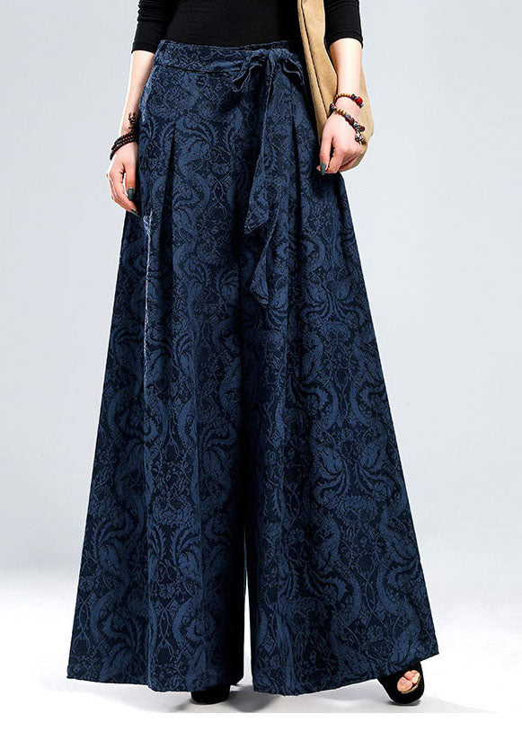 Plus Size Blaue Jacquard-Leinenhose mit Bindegürtel für den Winter