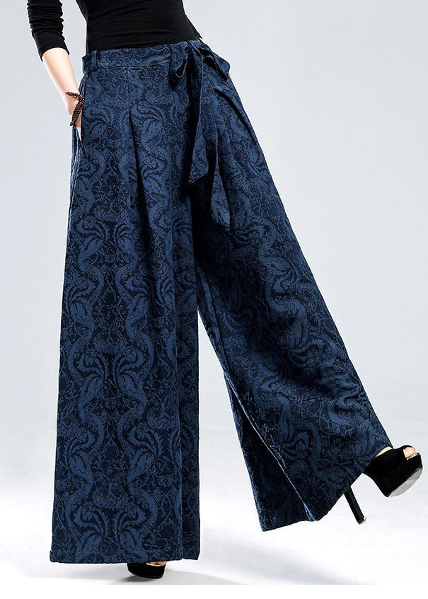 Plus Size Blaue Jacquard-Leinenhose mit Bindegürtel für den Winter
