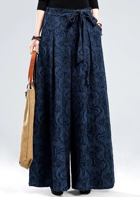 Plus Size Blaue Jacquard-Leinenhose mit Bindegürtel für den Winter