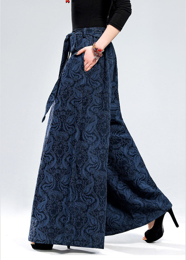 Plus Size Blaue Jacquard-Leinenhose mit Bindegürtel für den Winter