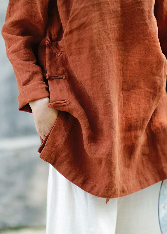 Plus Size Braune Leinenblusen mit Knöpfen Frühling