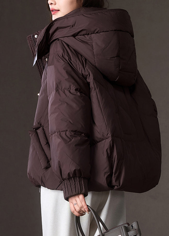 Plus Size Brown Zippered Pockets Patchwork Hooded Down Coat Winter