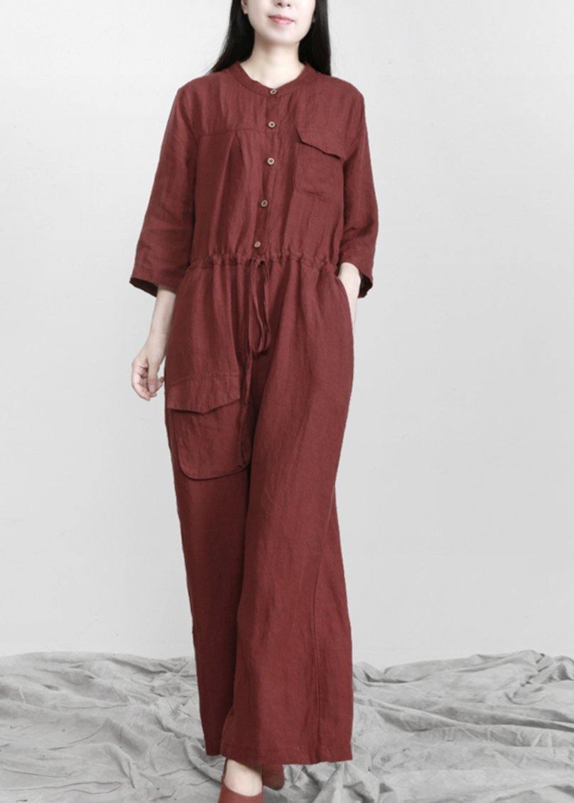 Plus Size Burgundy drawstring Half Sleeve Linen Body Suits Romper - SooLinen
