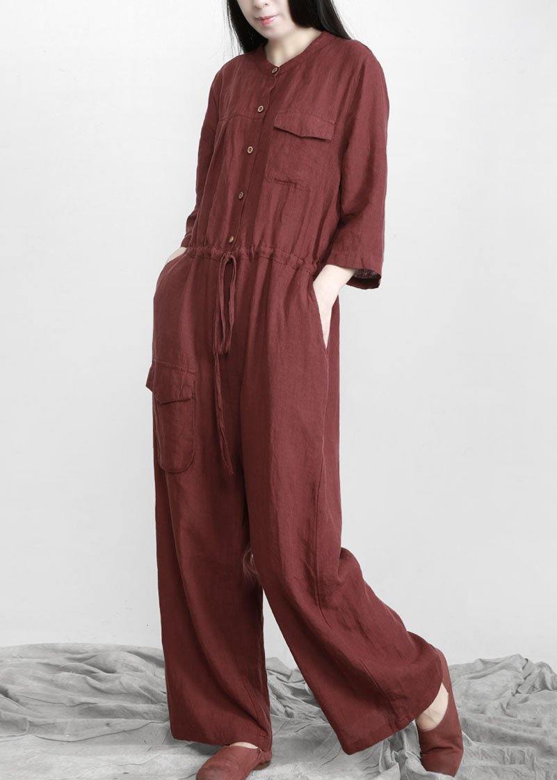 Plus Size Burgundy drawstring Half Sleeve Linen Body Suits Romper - SooLinen