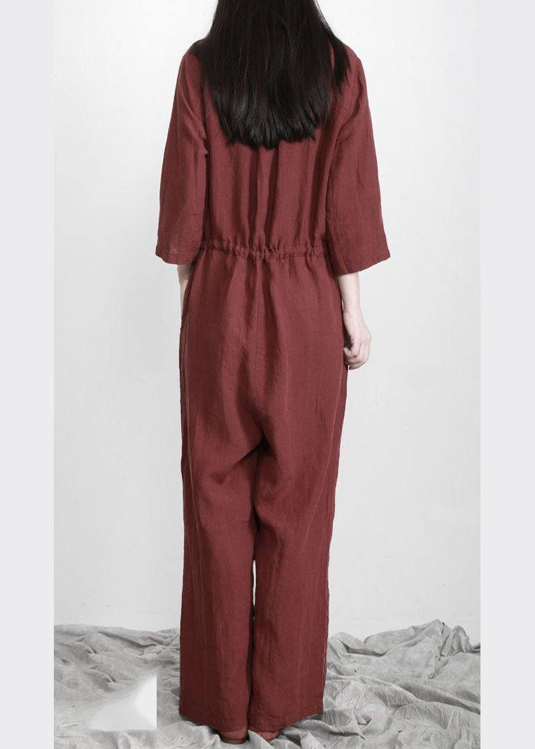 Plus Size Burgundy drawstring Half Sleeve Linen Body Suits Romper - SooLinen