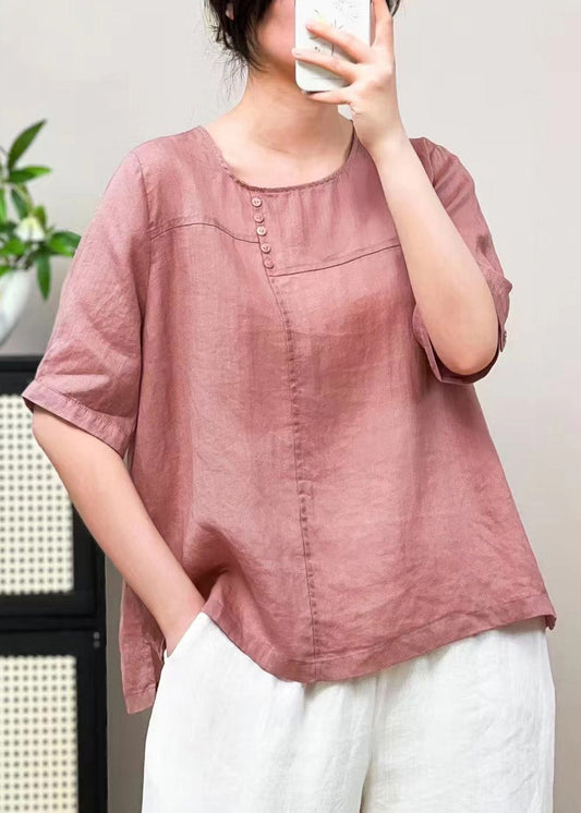Plus Size Caramel O Neck Patchwork Linen T Shirts Summer