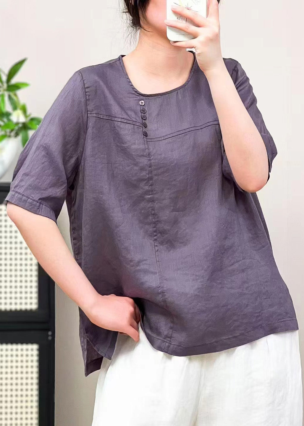 Plus Size Caramel O Neck Patchwork Linen T Shirts Summer