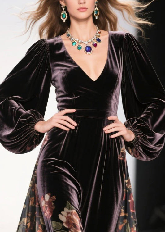 Vestido de terciopelo de seda con estampado de patchwork y dobladillo grande color chocolate, talla grande, primavera