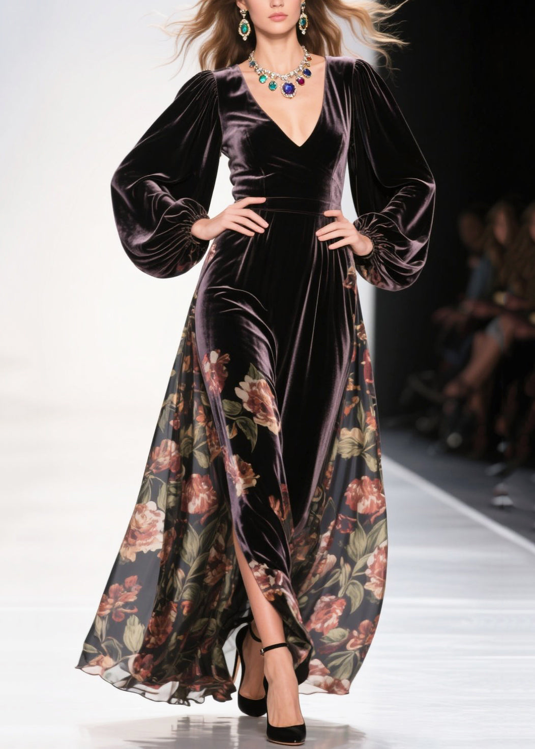 Vestido de terciopelo de seda con estampado de patchwork y dobladillo grande color chocolate, talla grande, primavera