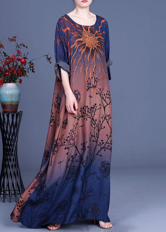 Plus Size Chocolate retro Print A Line Summer Silk Maxi Dresses - SooLinen