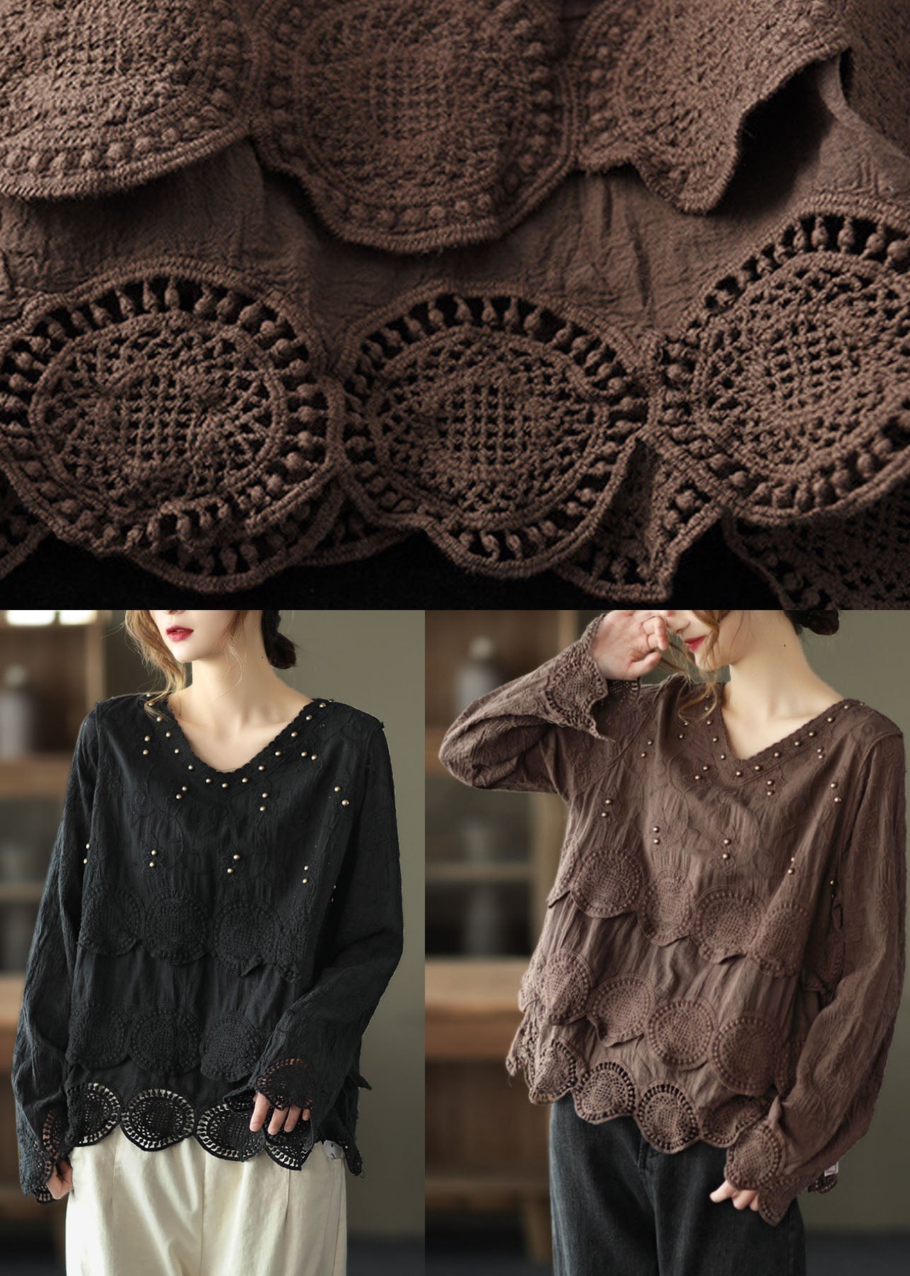 Plus Size Chocolate Casual Embroideried Hollow Out Herbst Langarm-Shirt Tops