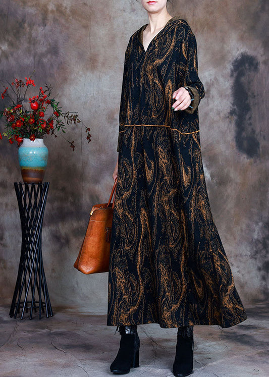 Plus Size Schokoladenbraunes Partykleid aus Wolle mit Kapuze und Print