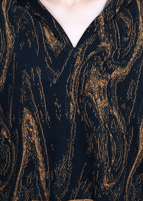 Plus Size Schokoladenbraunes Partykleid aus Wolle mit Kapuze und Print