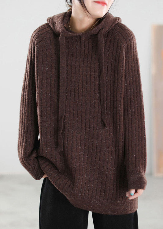 Plus Size Schokolade Kapuzen Kordelzug Strick Tops Frühling