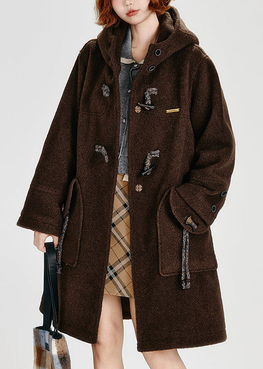 Plus Size Coffee Pockets Button Woolen Hoodie Coat Winter
