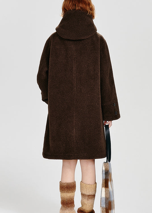 Plus Size Coffee Pockets Button Woolen Hoodie Coat Winter