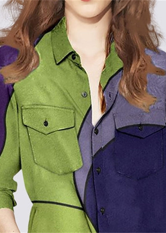 Plus Size Colorblock Peter Pan Collar button pocket Print Shirt Long Sleeve