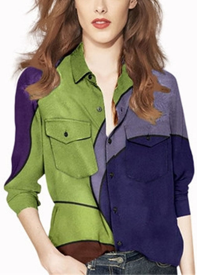 Plus Size Colorblock Peter Pan Kragen Knopftasche Print Hemd Langarm