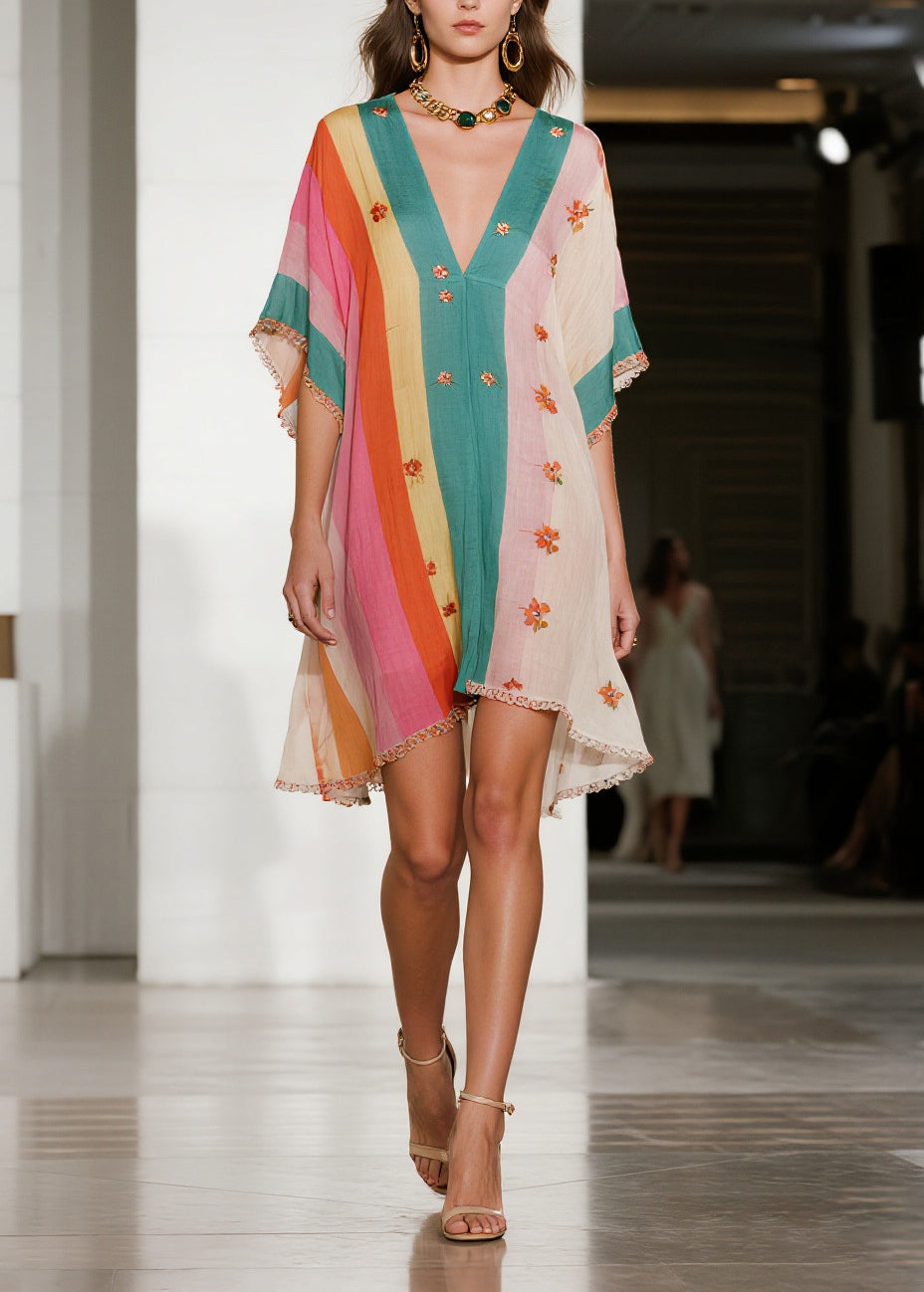 Plus Size Colorblock Ruffled Striped Cotton Mini Dress Summer