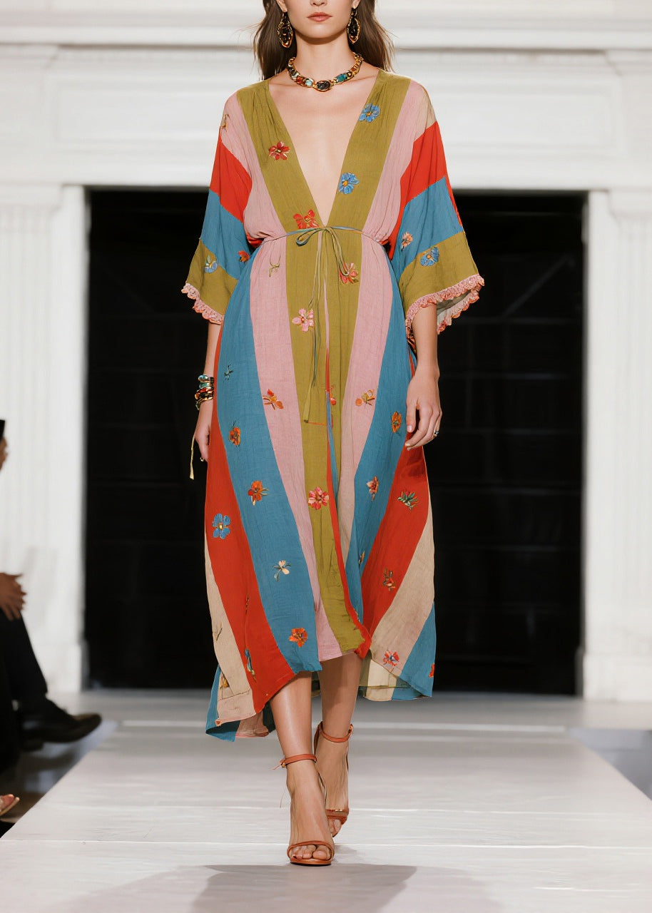 Plus Size Colorblock Tie Waist Print Cotton Long Dress Summer