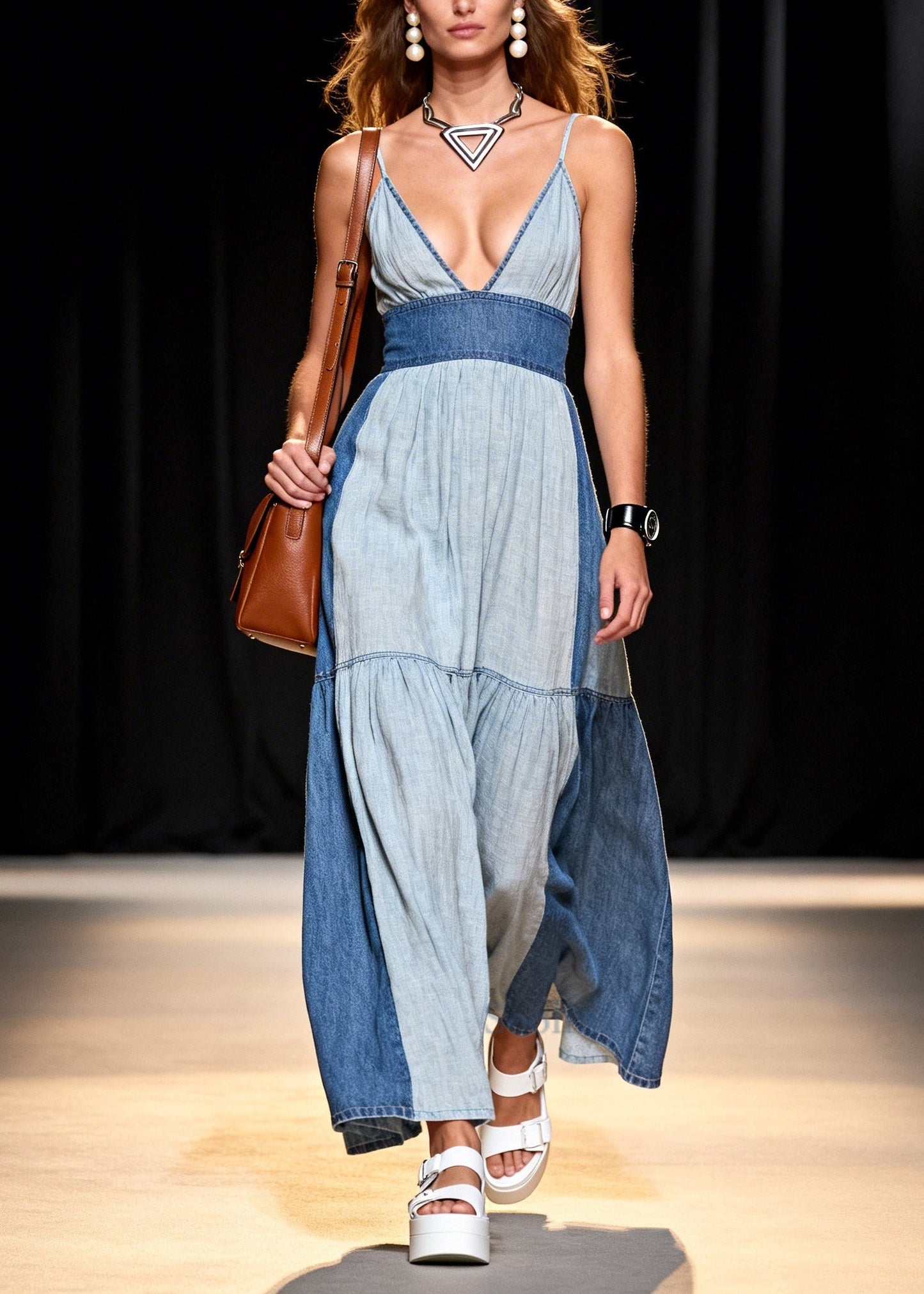 Plus Size Colorblock V Neck Patchwork Denim Vacation Dress Summer