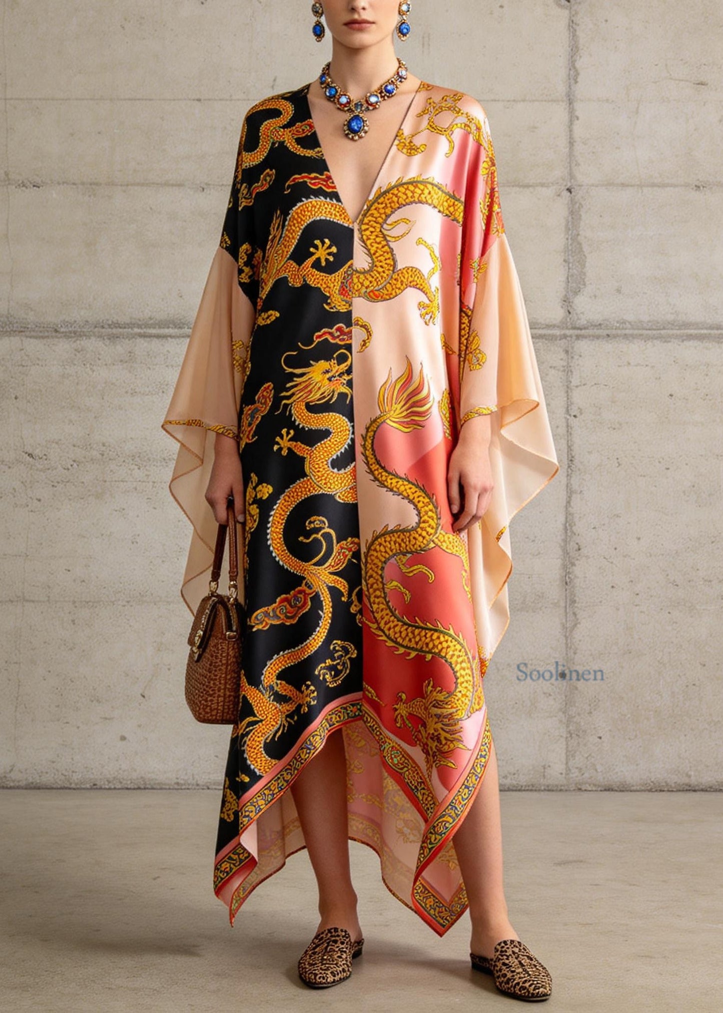 Plus Size Colorblock V Neck Print Chiffon Maxi Dress Summer