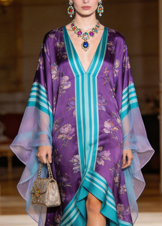 Plus Size Colorblock V Neck Print Patchwork Chiffon Robe Dresses Summer