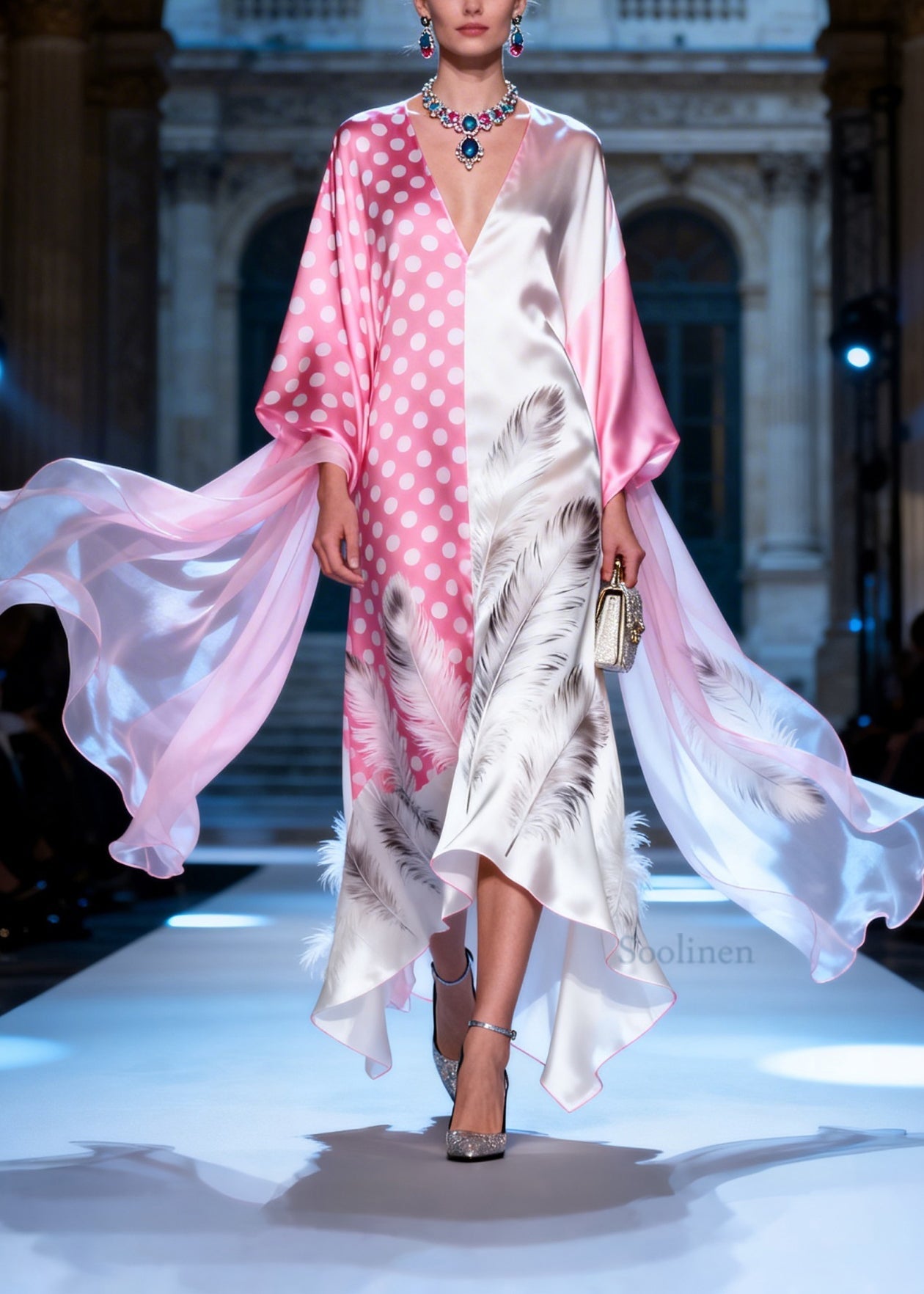 Plus Size Colorblock V Neck Print Silk Robe Dresses Summer
