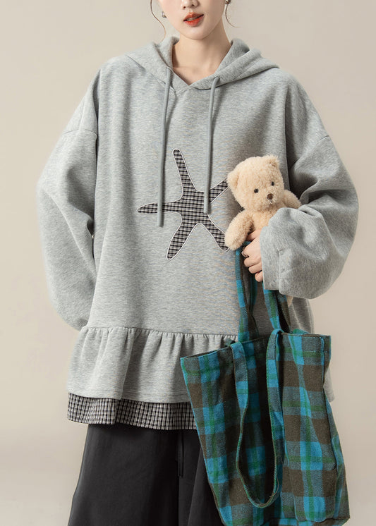 Plus Size Dark Grey False Two Pieces Patchwork Hooded Cotton Sweatshirts Spring