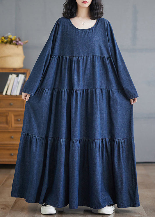 Plus Size Denim Blue O-Neck Wrinkled Patchwork Long Dresses Fall