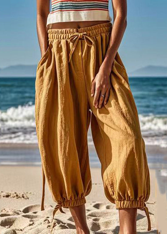 Plus Size Earth Yellow Taschen Elastische Taille Laterne Hose Sommer