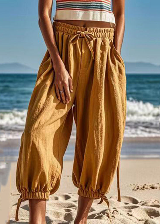Plus Size Earth Yellow Taschen Elastische Taille Laterne Hose Sommer