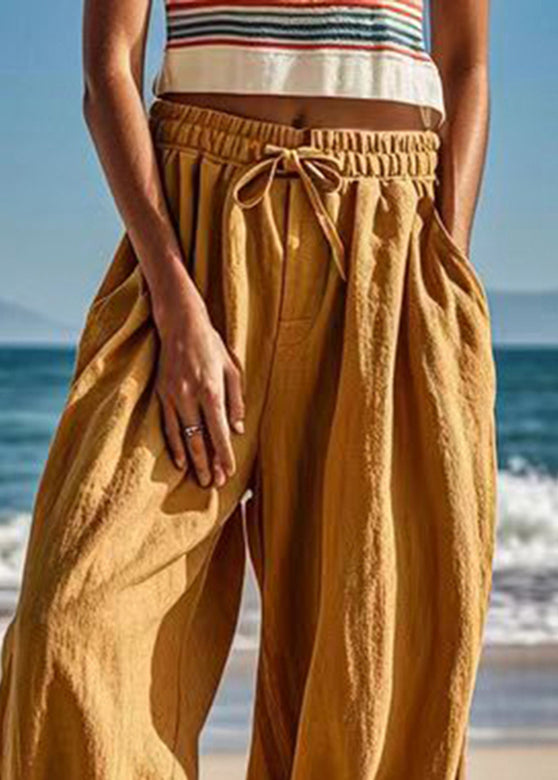 Plus Size Earth Yellow Taschen Elastische Taille Laterne Hose Sommer