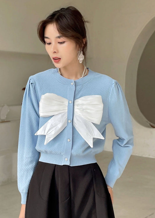 Plus Size Elegantes blaues Stricktop mit Puffärmeln