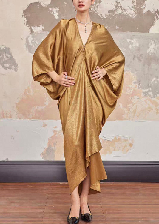 Plus Size Gold V Neck Solid Silk Long Dresses Batwing Sleeve