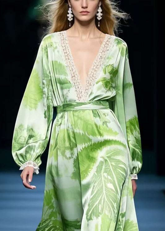 Plus Size Grass Green Print Draping Chiffon Maxi Dresses Spring