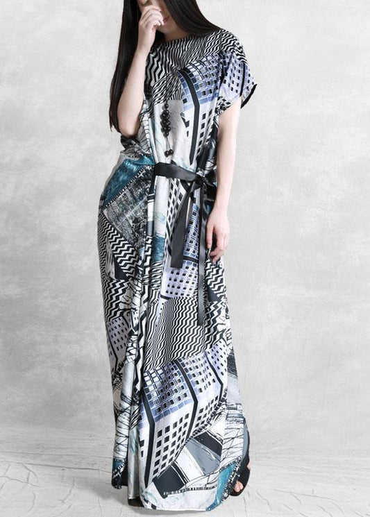 Plus Size Gray Print Silk Robe Dresses Tunic - SooLinen