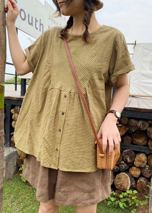 Grünes Patchwork-Leinenoberteil mit Streifen in Übergröße, kurze Ärmel