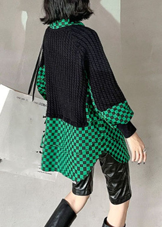 Plus Größe Grün Peter Pan Kragen Plaid Patchwork Strick Pullover Frühling