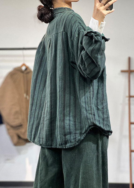 Plus Size Grün Peter Pan Kragen Gestreiften Dicken Leinen Mäntel Winter