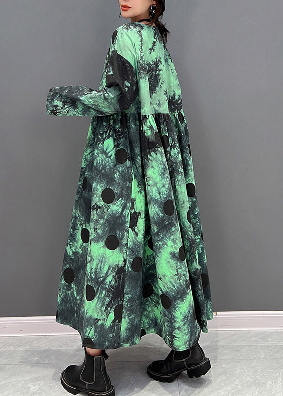 Plus Size Green V Neck Dot Holiday Maxi Shirts Dress Long Sleeve