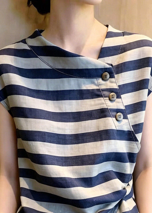 Plus Size Grey Asymmetrical Striped Cotton Top Summer