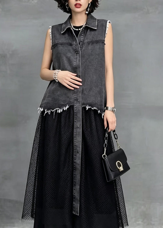 Plus Size Grey Peter Pan Collar Patchwork Denim Long Dress Sleeveless