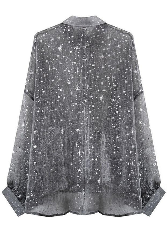 Plus Size Grey Print Peter Pan Collar Button Blouse Top - SooLinen