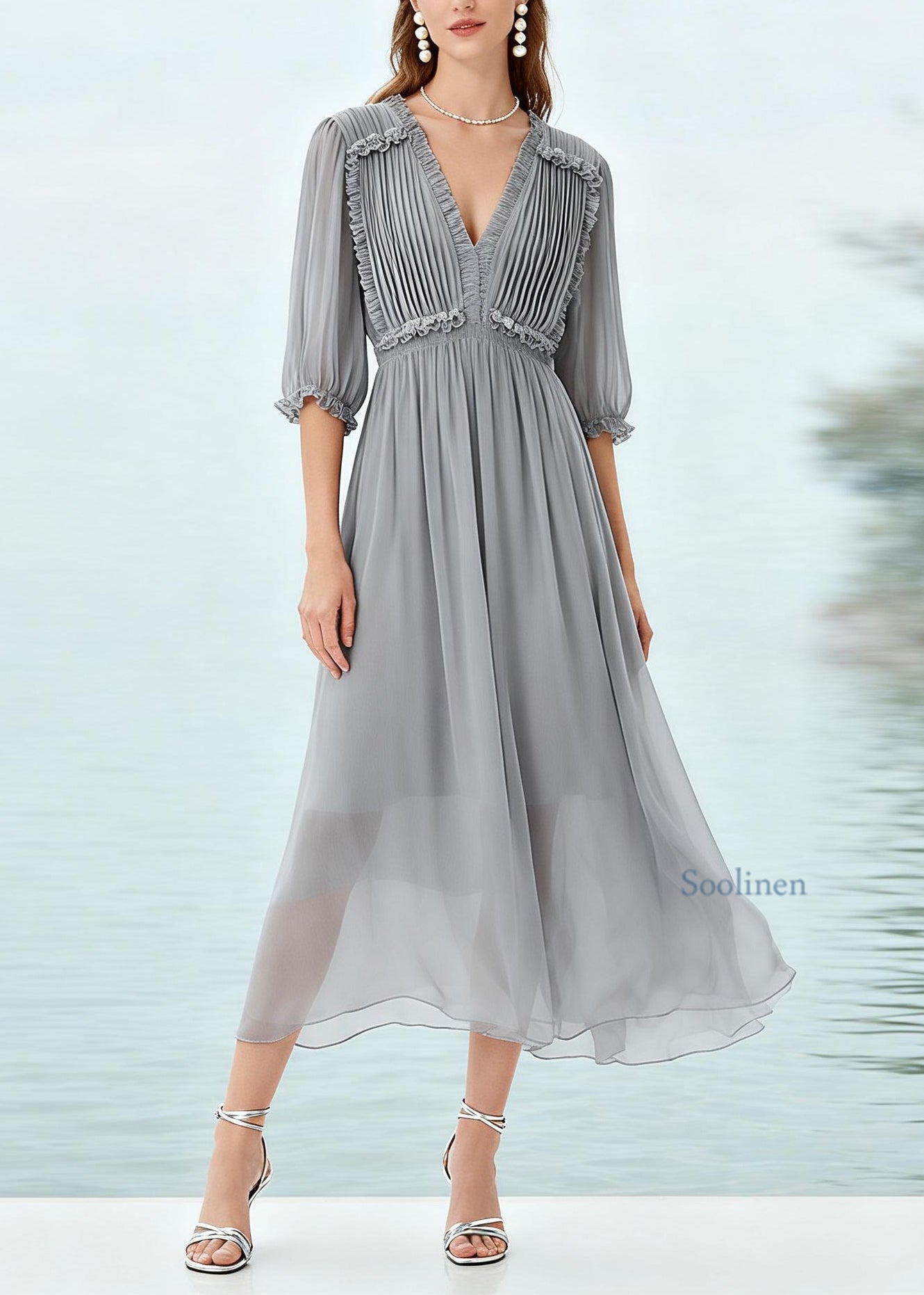 Plus Size Grey Ruffled Patchwork Chiffon Long Dress Summer