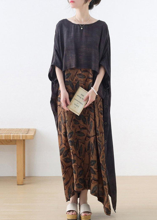 Plus Size Grey Silk blended Patchwork Print Holiday Dress Summer - SooLinen