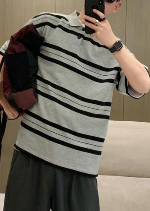Plus Size Grey Striped Button Cotton Men Polo Shirts Summer