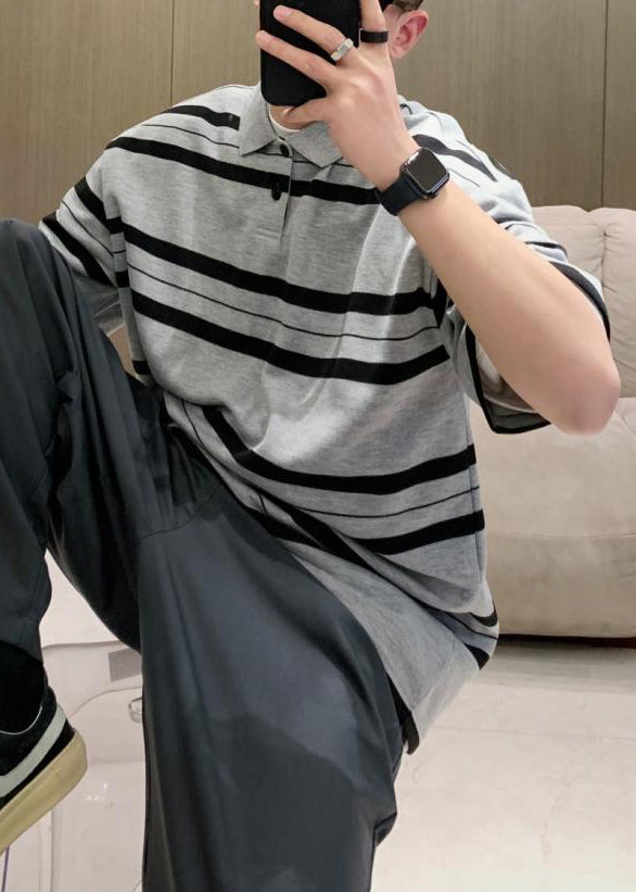 Plus Size Grey Striped Button Cotton Men Polo Shirts Summer