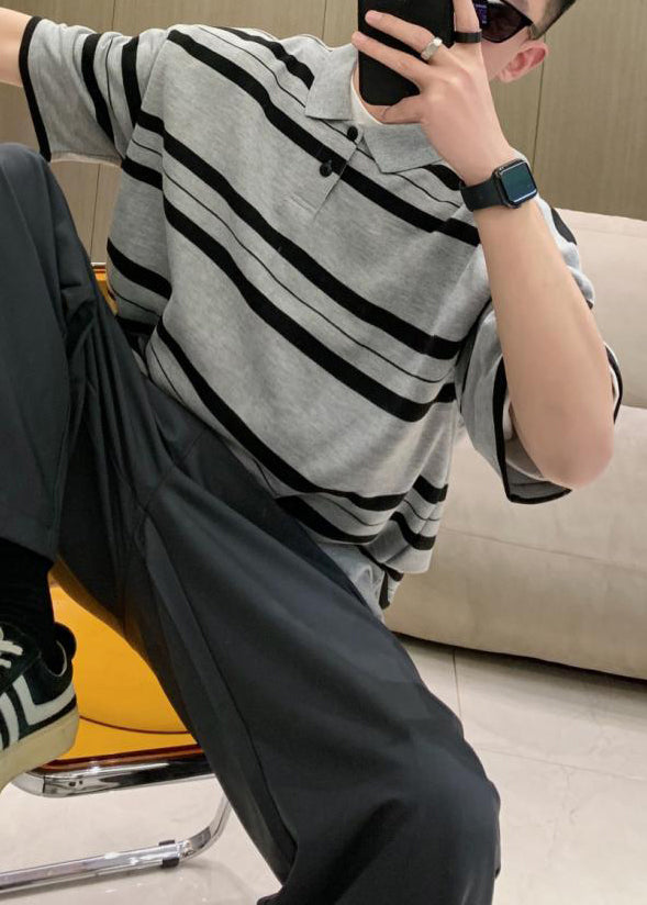 Plus Size Grey Striped Button Cotton Men Polo Shirts Summer