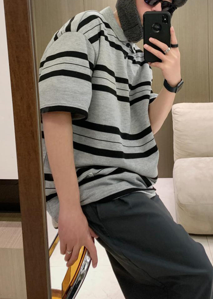 Plus Size Grey Striped Button Cotton Men Polo Shirts Summer